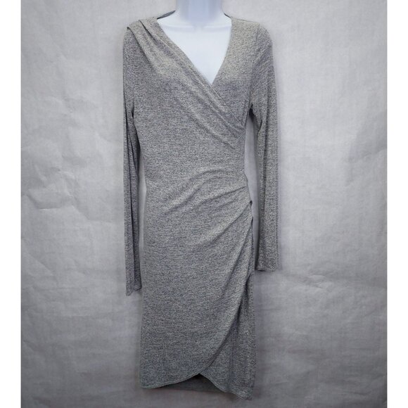 Wilfred Free Aritzia Klum Faux Wrap Dress M Heather Grey Long Sleeve Ruched Midi - Picture 2 of 13